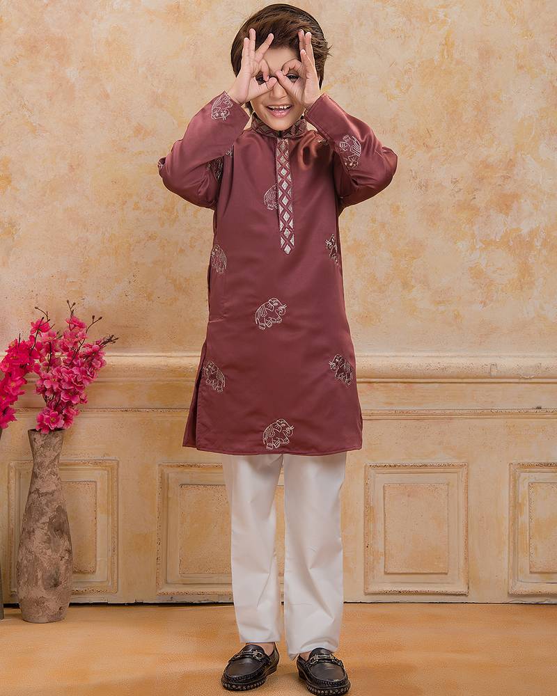 Rust cotton woven embriodered kurta set