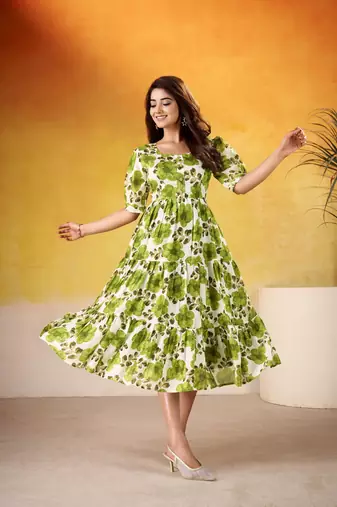 Mahendi color vichitra silk fabric designer floral printed girlie partywear kurti