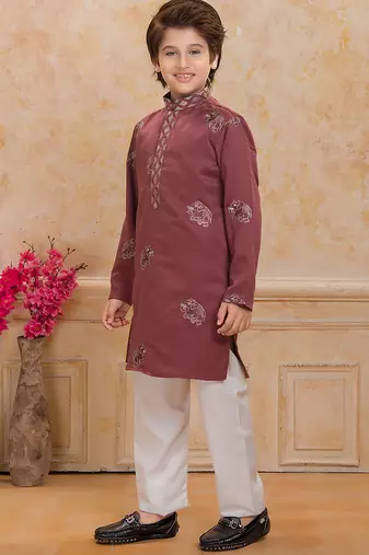 Rust cotton woven embriodered kurta set
