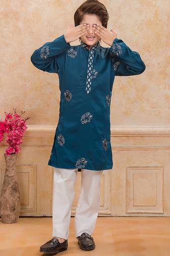 Teal cotton woven embriodered kurta set