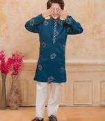 Teal cotton woven embriodered kurta set