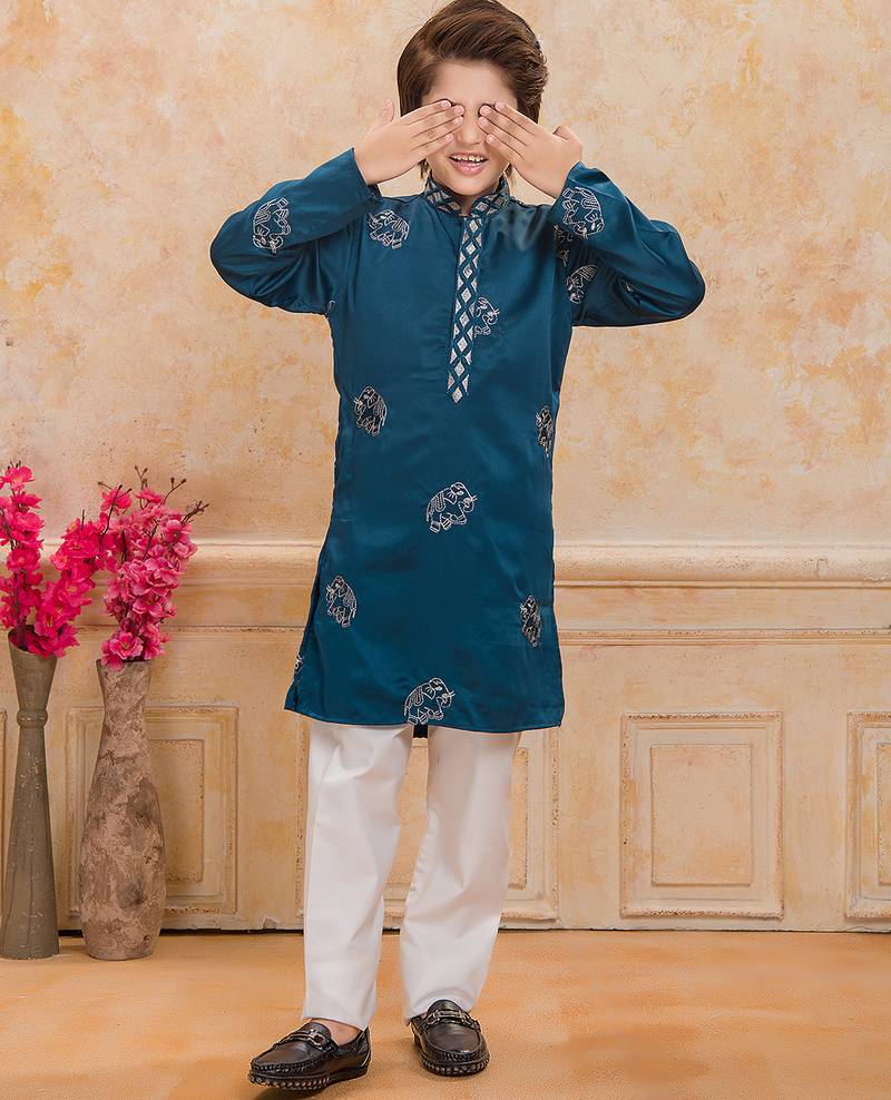 Teal cotton woven embriodered kurta set