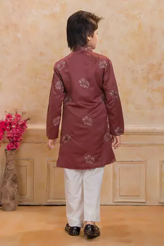 Rust cotton woven embriodered kurta set