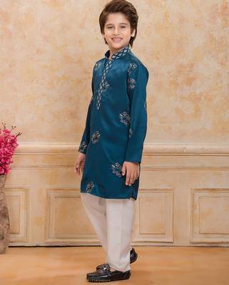 Teal cotton woven embriodered kurta set 2