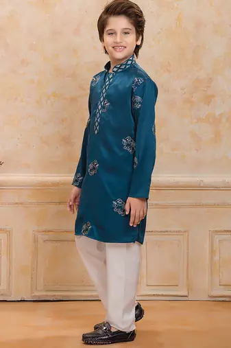 Teal cotton woven embriodered kurta set