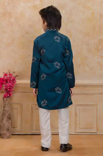 Teal cotton woven embriodered kurta set