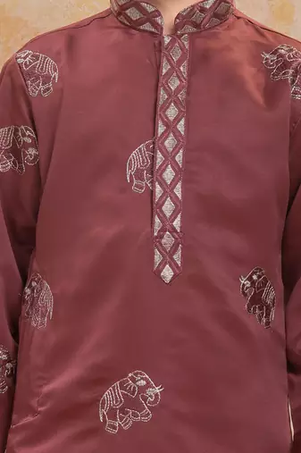 Rust cotton woven embriodered kurta set