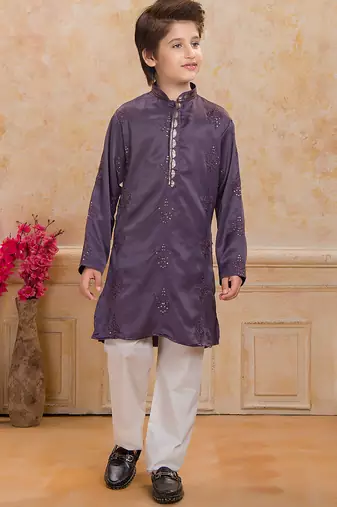 Purple cotton woven embriodered kurta set