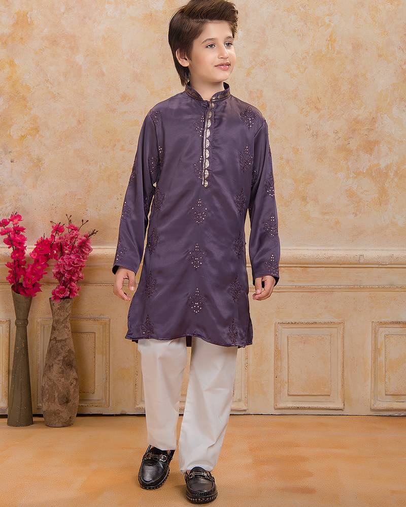 Purple cotton woven embriodered kurta set