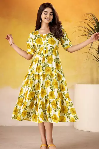 Mustard color vichitra silk fabric designer floral printed girlie partywear kurti