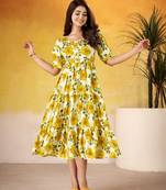 Mustard color vichitra silk fabric designer floral printed girlie partywear kurti