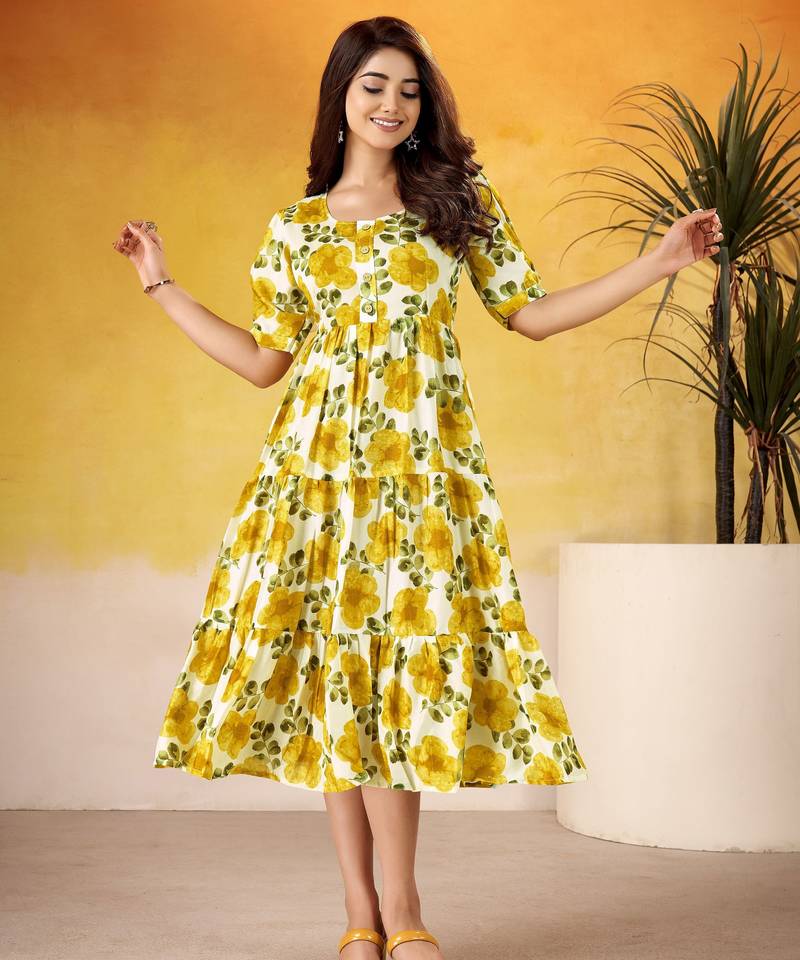 Mustard color vichitra silk fabric designer floral printed girlie partywear kurti