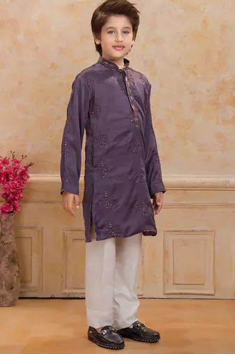 Purple cotton woven embriodered kurta set