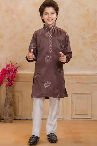 Brown cotton woven embriodered kurta set