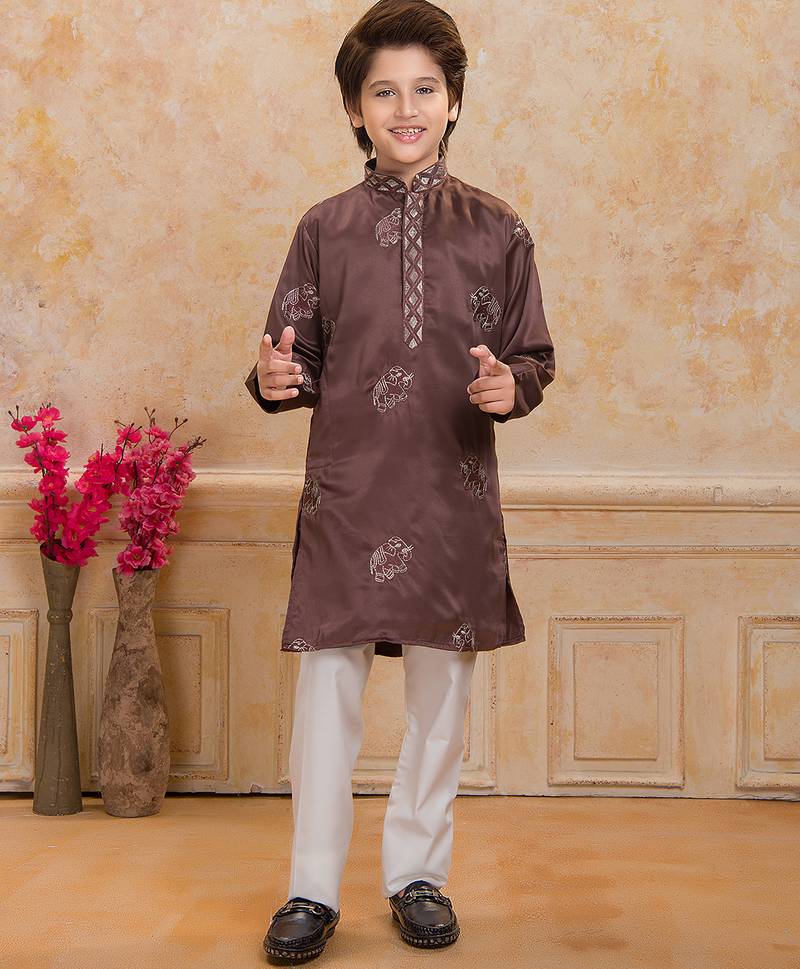 Brown cotton woven embriodered kurta set