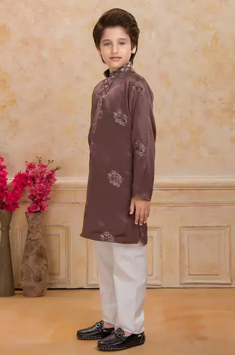 Brown cotton woven embriodered kurta set