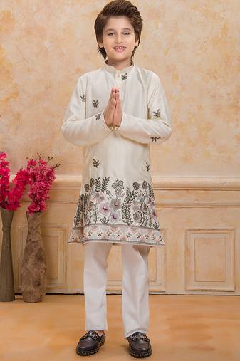 Cream cotton woven embriodered kurta set
