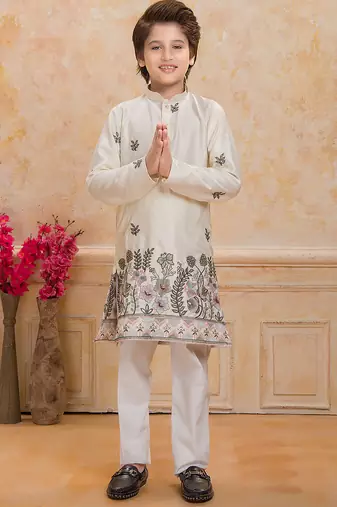 Cream cotton woven embriodered kurta set