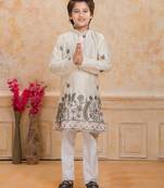 Cream cotton woven embriodered kurta set