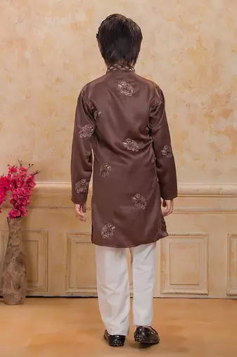 Brown cotton woven embriodered kurta set