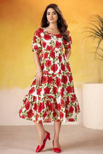 Red color vichitra silk fabric designer floral printed girlie partywear kurti