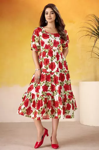Red color vichitra silk fabric designer floral printed girlie partywear kurti