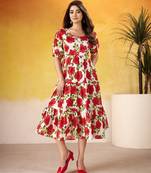 Red color vichitra silk fabric designer floral printed girlie partywear kurti