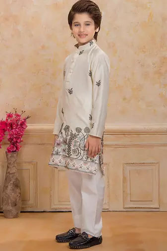 Cream cotton woven embriodered kurta set