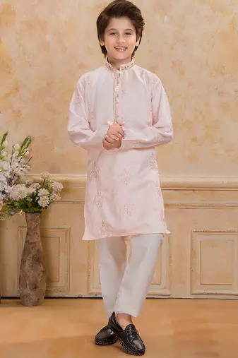 Peach cotton woven embriodered kurta set
