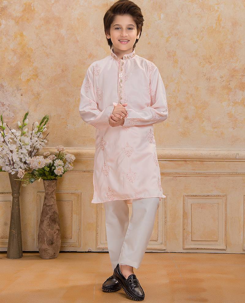 Peach cotton woven embriodered kurta set