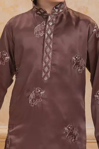 Brown cotton woven embriodered kurta set