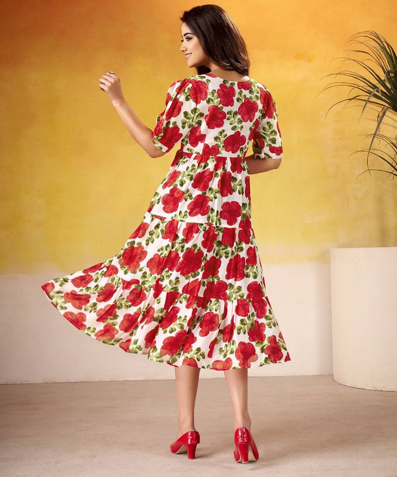 Red color vichitra silk fabric designer floral printed girlie partywear kurti