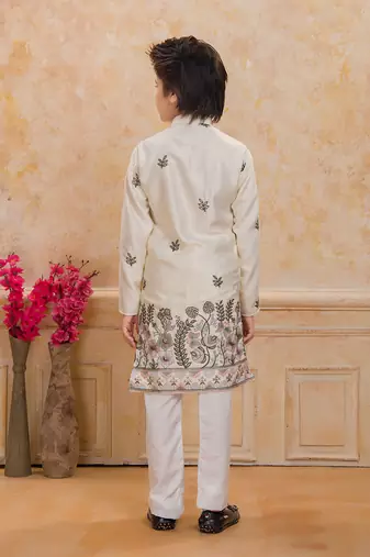 Cream cotton woven embriodered kurta set