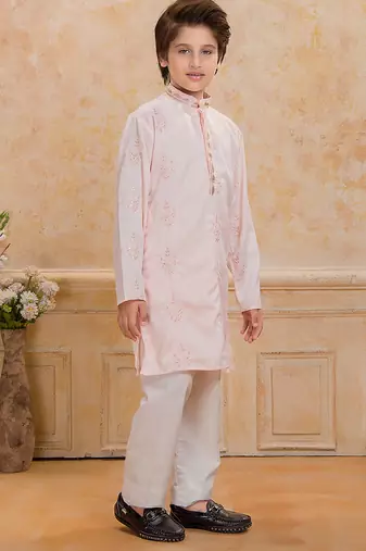 Peach cotton woven embriodered kurta set