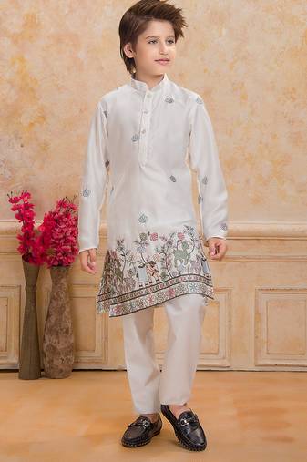 White cotton woven embriodered kurta set