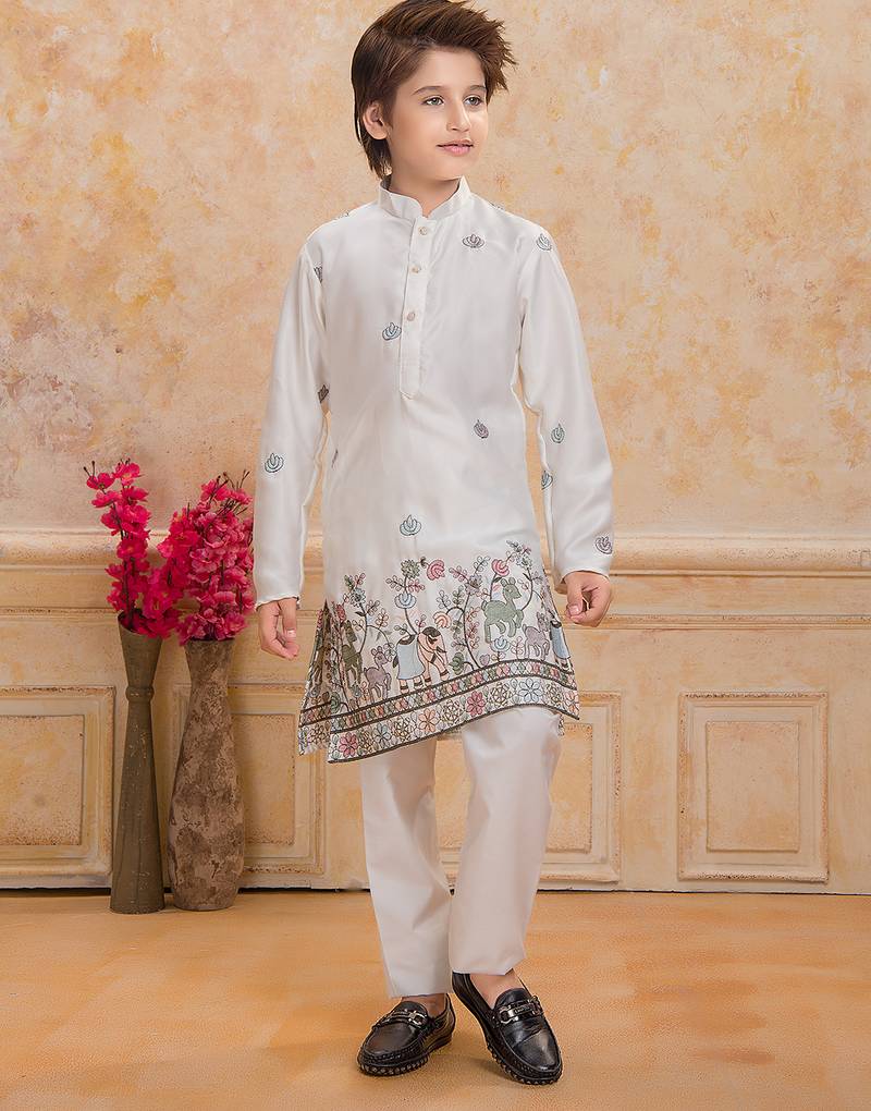 White cotton woven embriodered kurta set