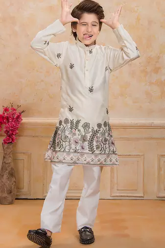 Cream cotton woven embriodered kurta set