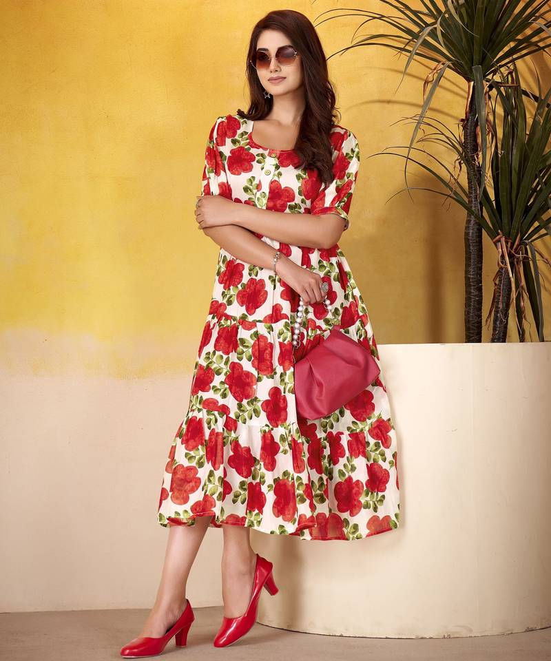 Red color vichitra silk fabric designer floral printed girlie partywear kurti