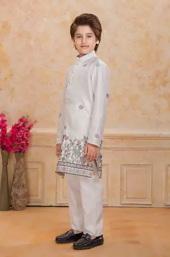 White cotton woven embriodered kurta set