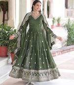 Green color vichitra silk fabric wedding ceremonial gown with dupatta for girlie looks