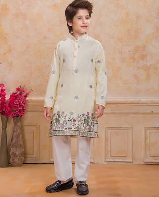 Yellow cotton woven embriodered kurta set 1
