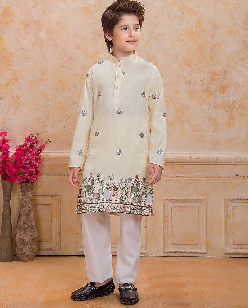 Yellow cotton woven embriodered kurta set