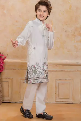White cotton woven embriodered kurta set