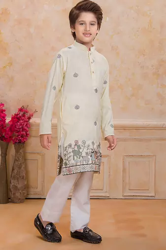 Yellow cotton woven embriodered kurta set
