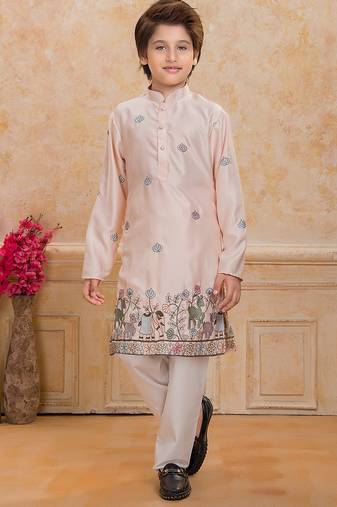 Peach cotton woven embriodered kurta set