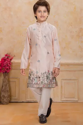 Peach cotton woven embriodered kurta set