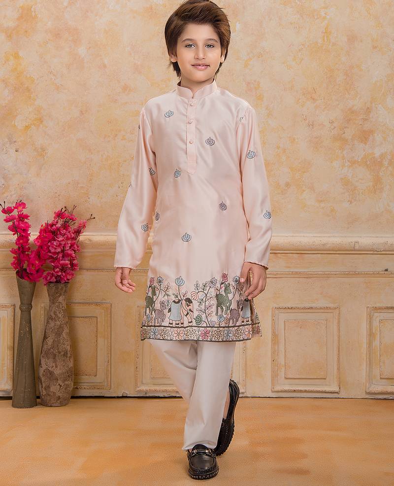 Peach cotton woven embriodered kurta set