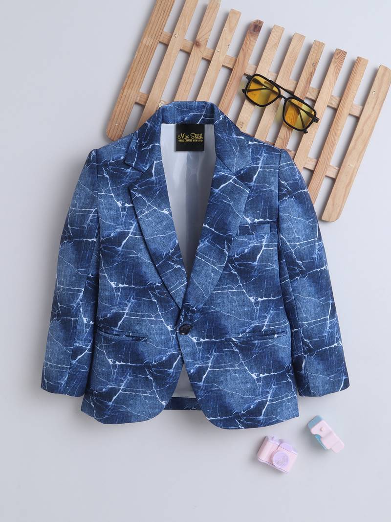 Blue cotton woven printed blazer