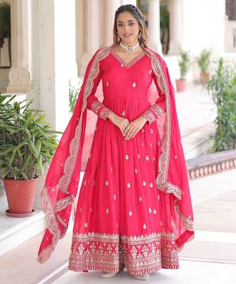 Pink color vichitra silk wedding ceremonial gown with dupatta for looks 1