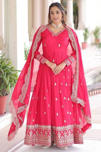 Pink color vichitra silk fabric wedding ceremonial gown with dupatta for girlie looks